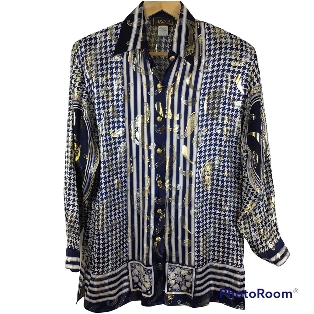 Aris A. Silk Metallic Button Up Blue & White Houndstooth Paisley Striped Blouse
